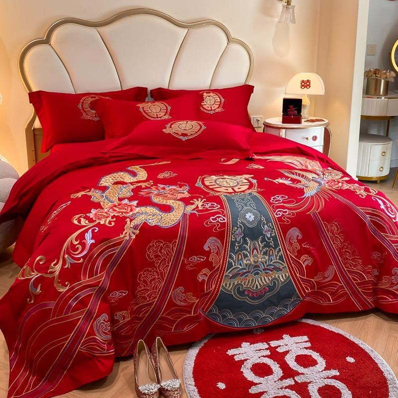 中式龙凤纯棉结婚四件套全棉刺绣被套大红色床单婚庆婚房床上用品