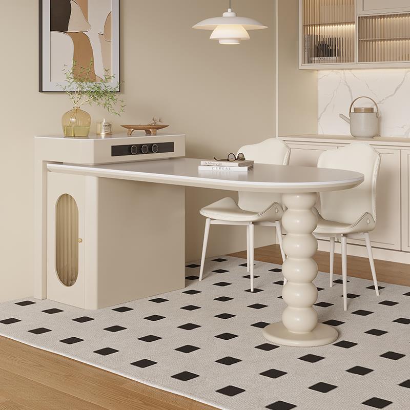 奶油风岛台餐桌一体可伸缩家用小户型平齐款岩板厨房高端实木导台