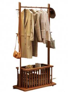 实木衣帽架落地卧室家用带脏衣篮可移动挂衣架入户进门衣物收纳架