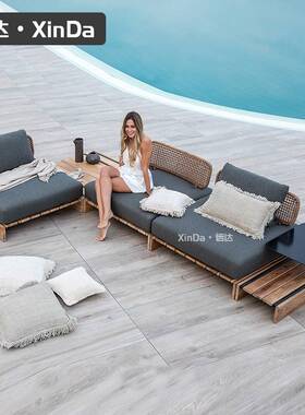 W7户外沙发庭院露天售楼部室外藤沙发组合民宿酒店露台沙发柚木藤