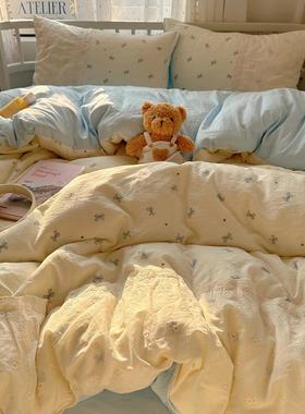 蓝色小蝴蝶结蕾丝花边床单四件套少女柔软被套被单学生宿舍三件套