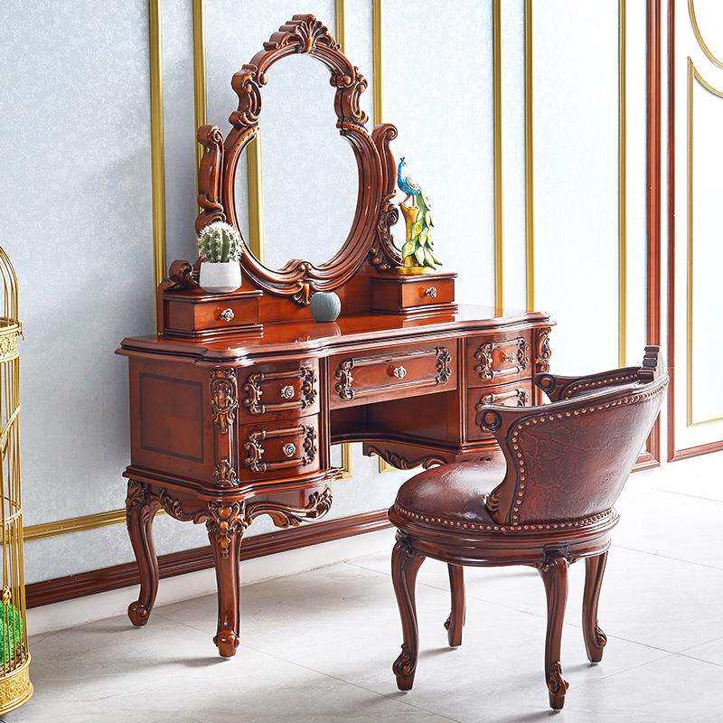 欧式梳妆台实木雕花公主卧室梳妆桌组装深色复古美式化妆台小户型