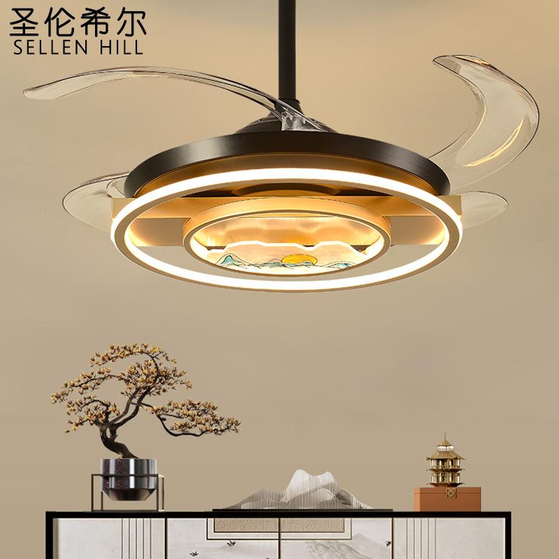 新中式吊顶风扇灯客厅吊扇灯电扇吊灯带灯轻奢灯扇一体2024年新款