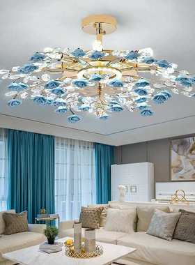 法式客厅餐厅吊灯蓝色陶瓷花朵吊灯卧室婚礼氛围水晶灯具
