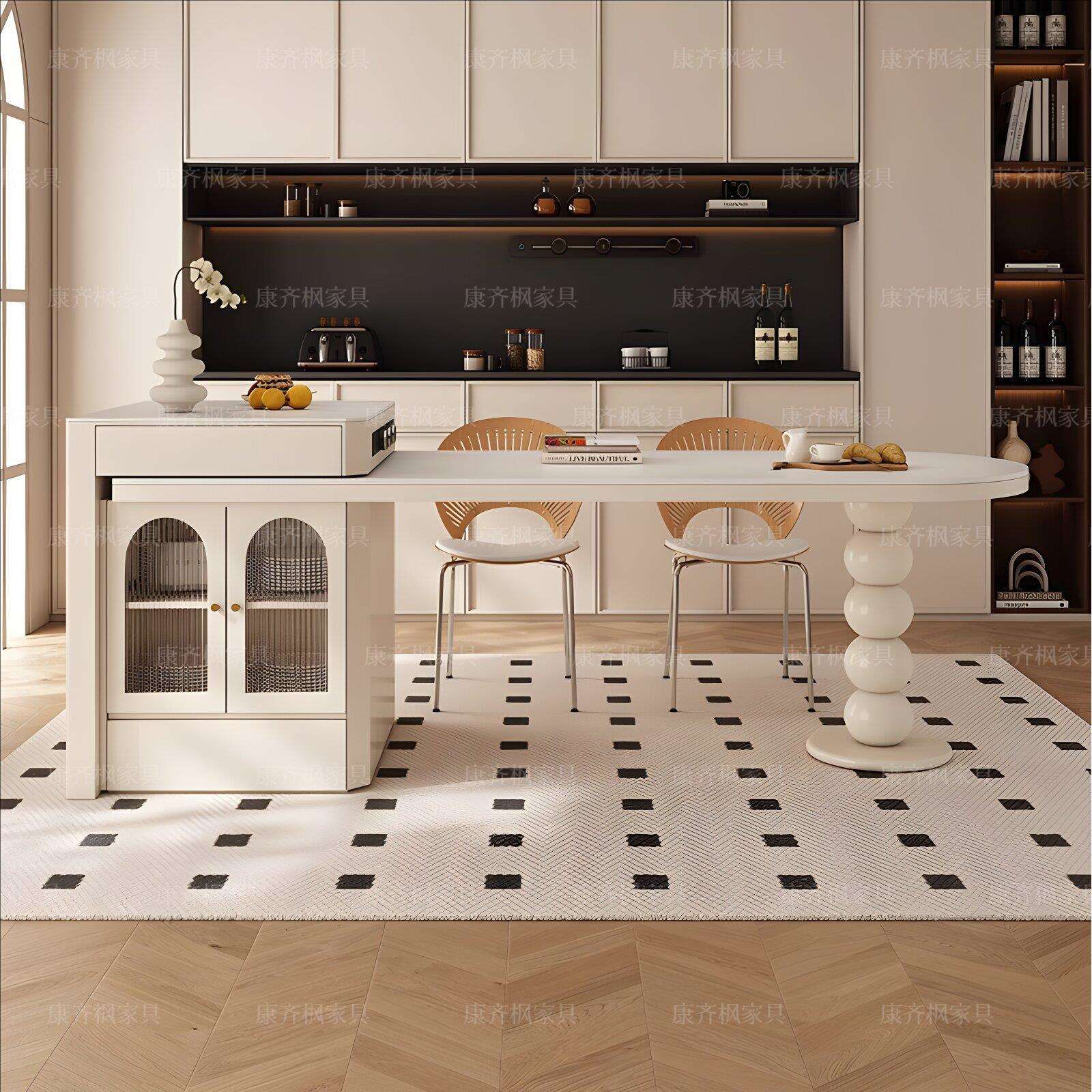 法式岛台餐桌一体可伸缩中古风家用岩板奶油风轻奢吧台中岛台厨房