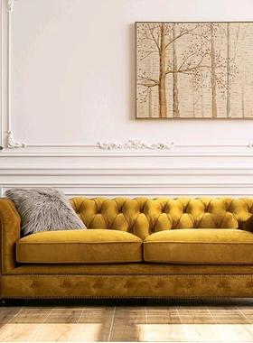 美式复古拉扣墨绿色三人沙发田园乡村小户型客厅丝绒直排沙发简欧