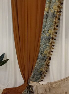 新款法式新古典复古美式欧式轻奢焦糖色橙色花布暖色窗帘客厅新品