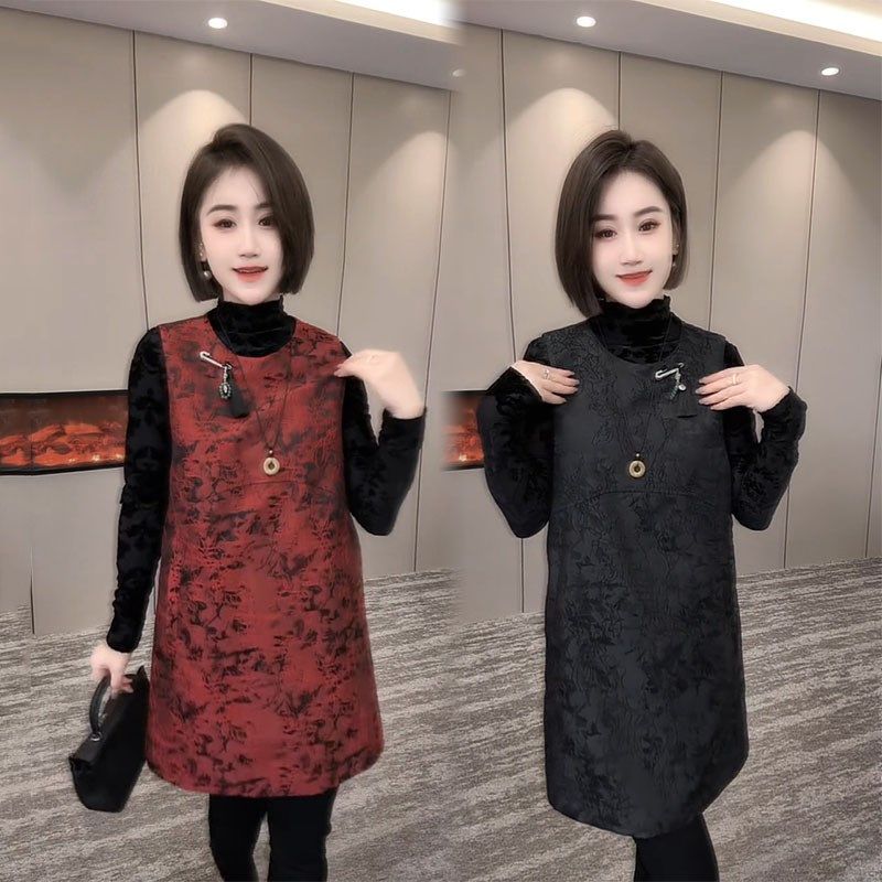 网红时尚爆款套装女2025过年新款国风马甲裙植绒高领打底衫两件套,女装/女士精品,时尚套装,淘宝优惠券,粉丝福利购,淘宝优惠卷