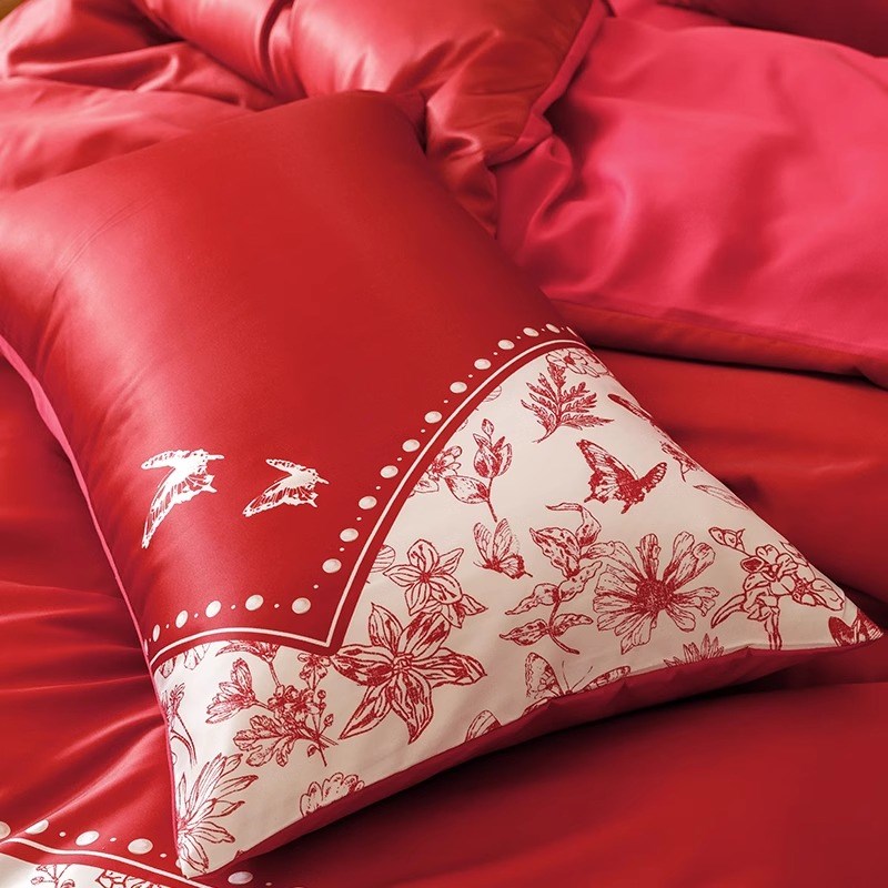 高档中式结婚四件套大红色陪嫁床单被套纯棉婚庆床上用品婚房喜被