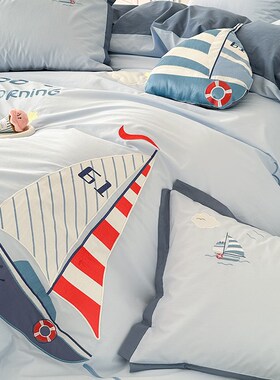 太空船蓝色卡通a类男孩床品四件套全棉儿童少年被套床单新款