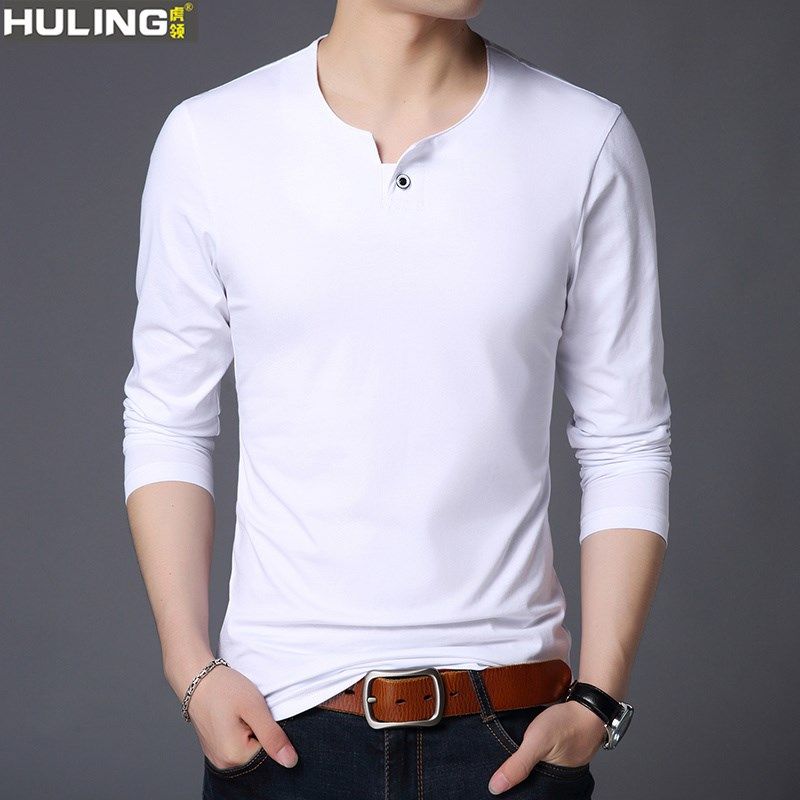 长袖男式低领打底小衫春秋款单穿休闲潮U领体桖中青年棉丅恤潮流