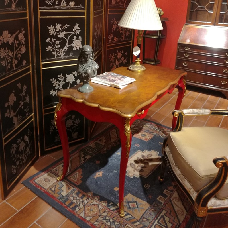 亿联书桌 手绘实木桦木欧式新古典 1.2米黑色红色树瘤木皮写字台