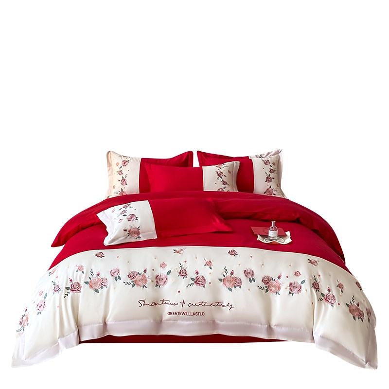 中式婚庆四件套纯棉大红色床单被罩高档全棉结婚陪嫁婚房床上用品