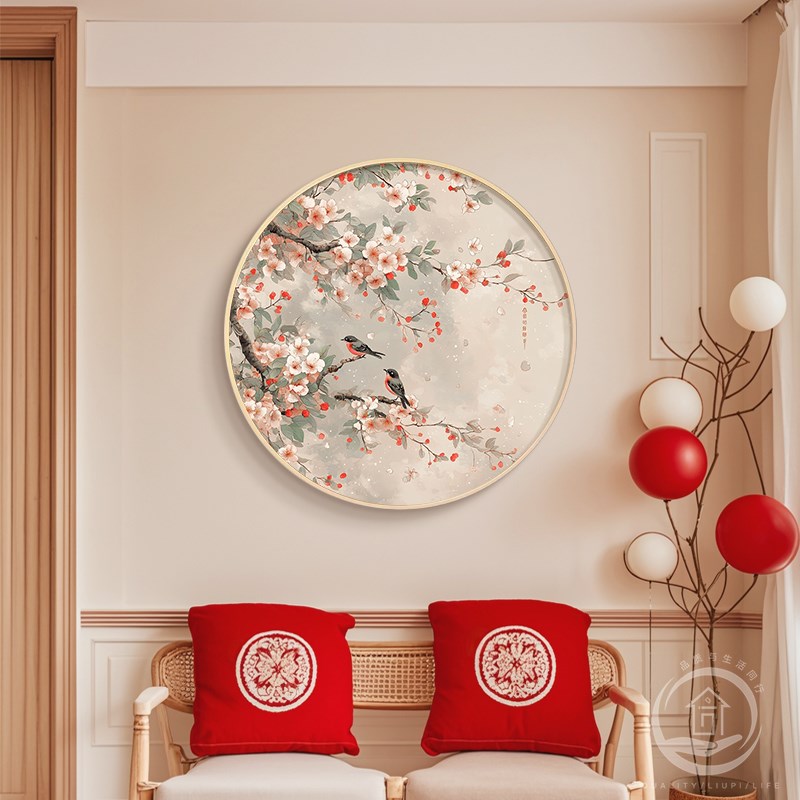 新中式客厅餐厅墙面装饰画圆形花鸟茶室壁画喜上枝头入户玄关挂画图片