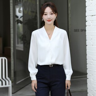 法式无领小众长袖缎面p雪纺衬衫女气质高级感v领职业通勤工作衬衣