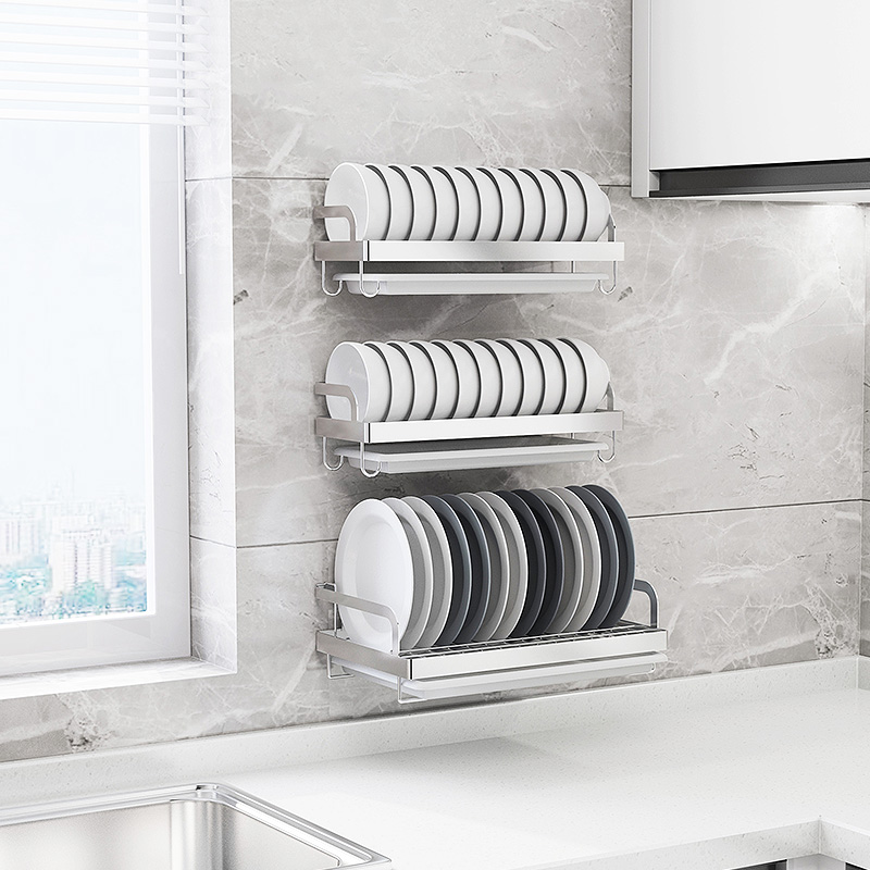 304不锈钢碗架沥水架壁挂式免打孔 单层碗盘架墙上厨房收纳置物架