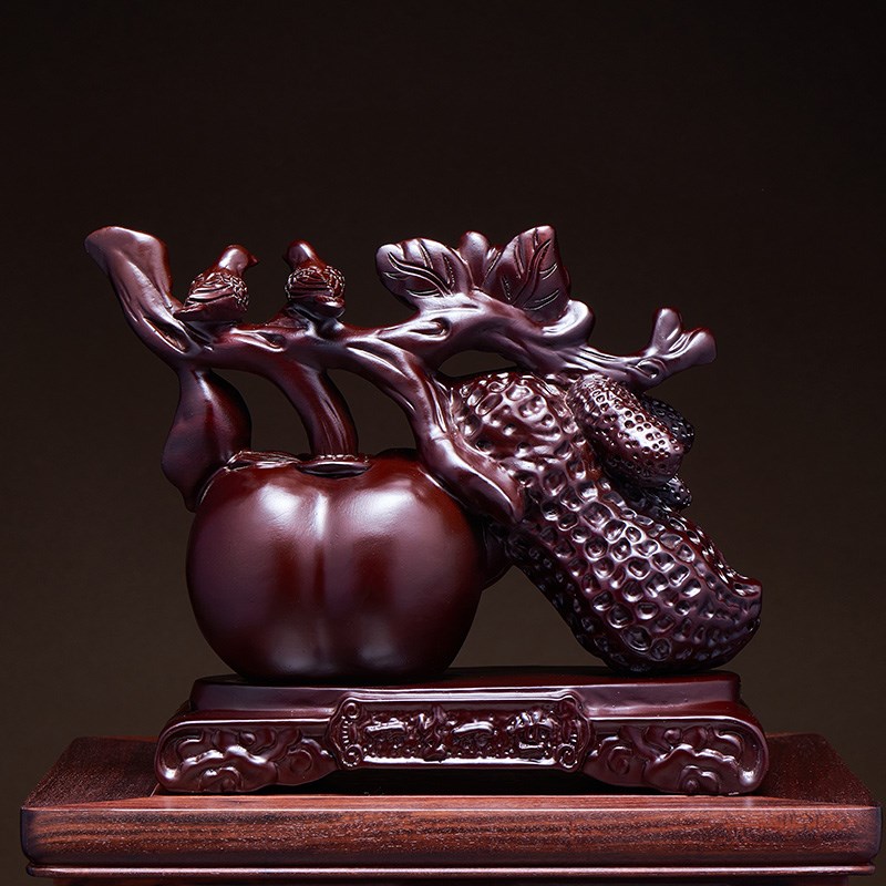黑檀木雕一生一世摆件实木雕刻花生柿子中式客厅博古架办公室装饰