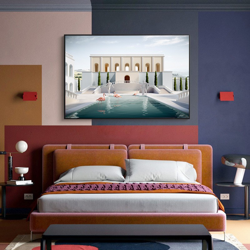 欧式建筑装饰画沙发背景画墙画花园广场风景画金属框卧室挂画横版图片