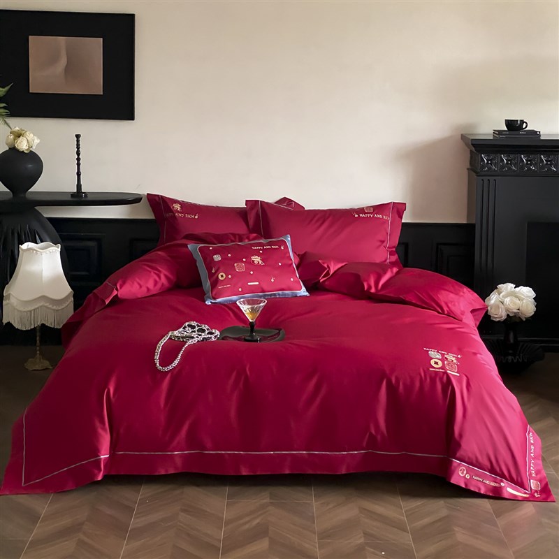 新中式红色结婚庆全棉床上四件套喜庆婚嫁喜被套床单1.8m床品