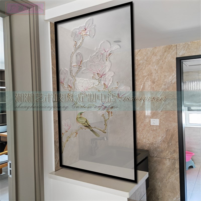定制钢化艺术玻璃隔断屏风玄关客厅入户门厅玄关隔断玻璃花鸟