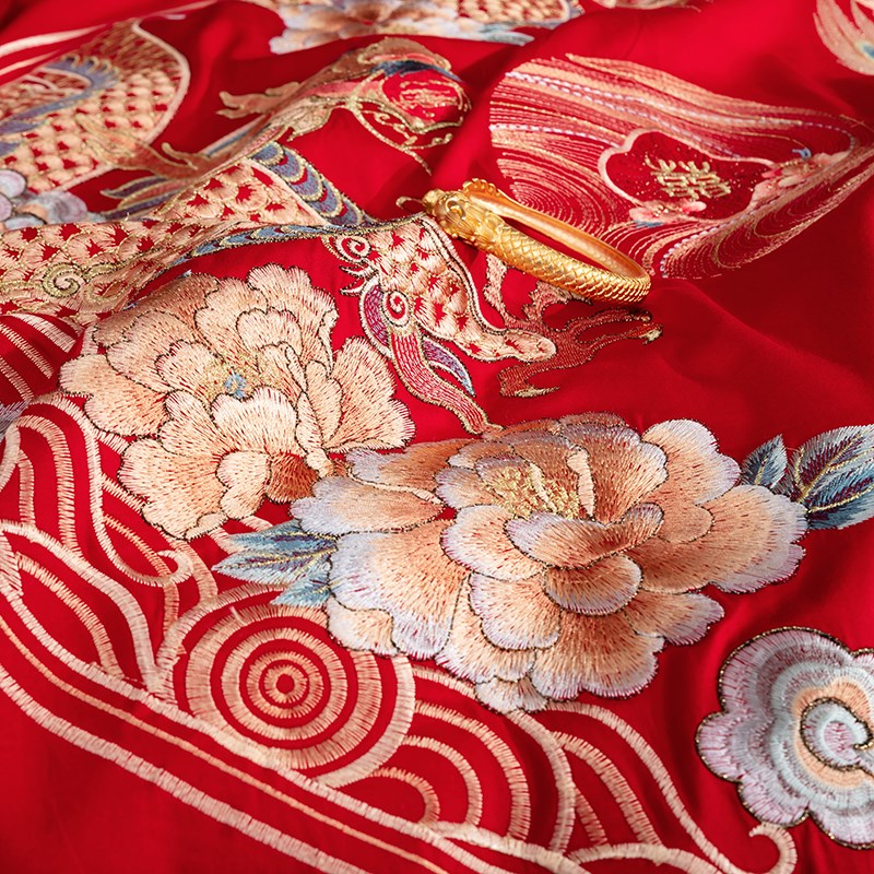 高端婚庆120支长绒棉全棉四件套大红色结婚刺绣纯棉被套床上用品4