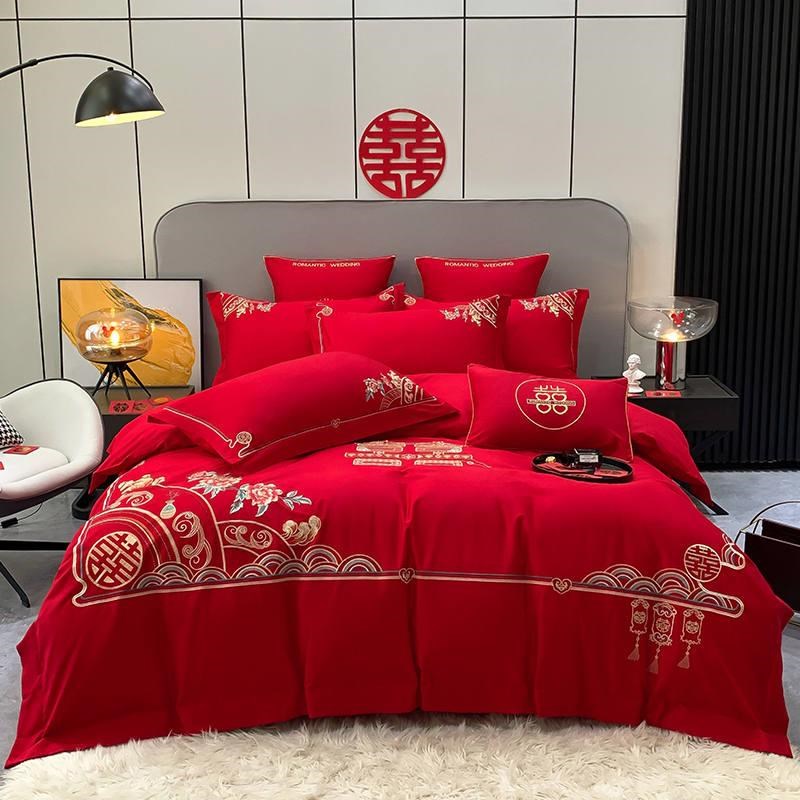 新款新中式婚庆四件套180支大红色全棉刺绣结婚被套床单床上