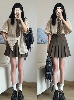 学院风jk制服夏条m纹衬衫百褶裙两件套韩系奶系成套搭配减龄套装