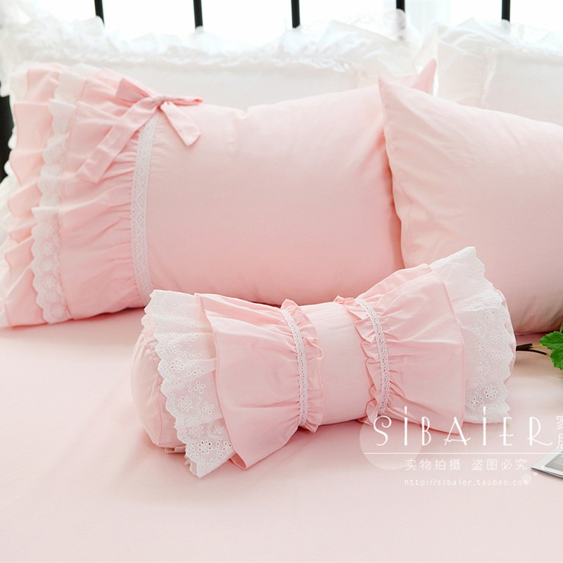 韩版**韩版手工褶皱嵌蕾丝纯色全棉糖果枕 抱枕