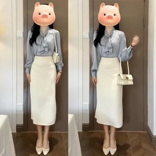 OL职业套装裙女士春秋缎面垂感飘带衬衫职场气质通勤X教资面试衬