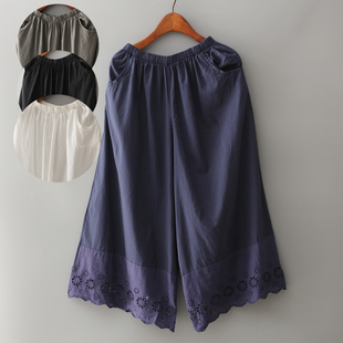 春装新款韩国女裤松紧腰镂空绣花裤裙阔腿裤宽松全棉薄款七分裤女