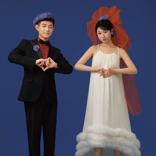 大红色蓬蓬抓泡头纱鬼马女孩凹造型头纱影楼拍照道具(无蓝色花朵)