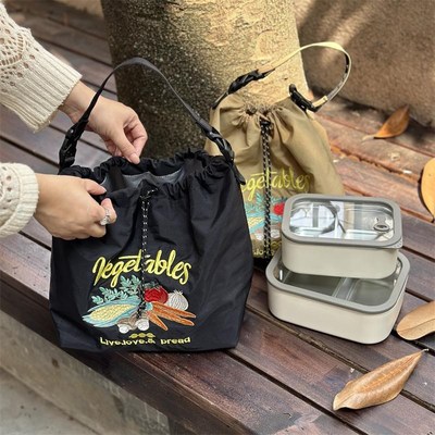 新款刺绣保温饭盒包手提袋便携大容量上班上学族保温便当露营包