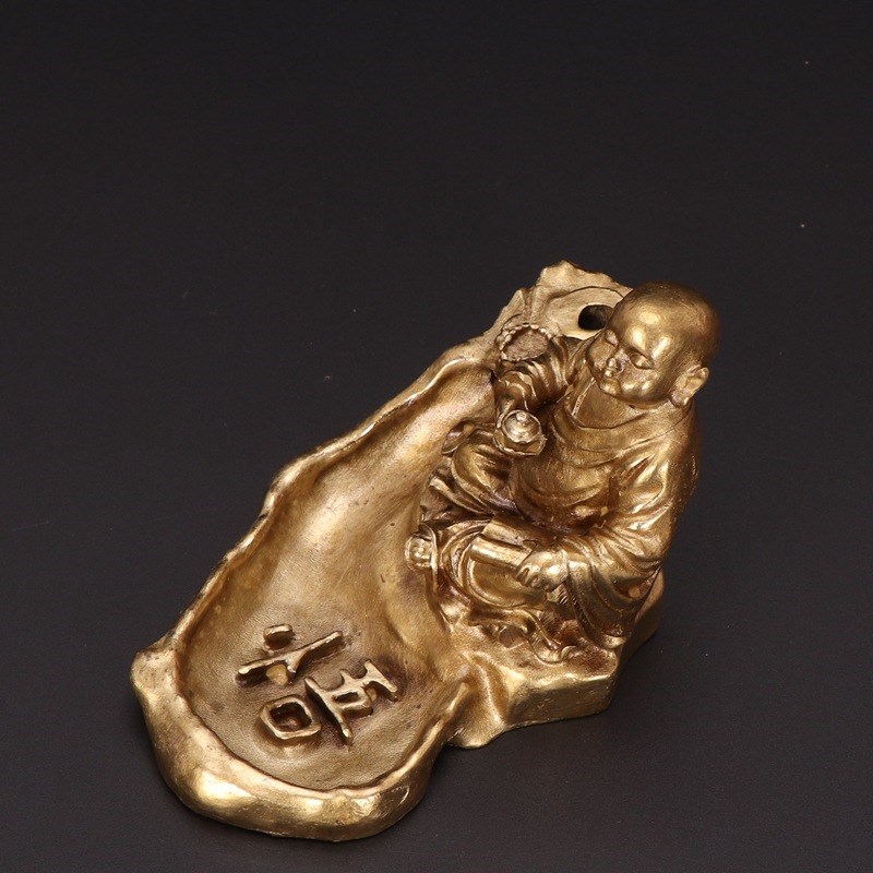 黄铜小和尚桌面倒流香炉紫铜小沙弥棋艺I香插茶宠茶艺装饰工艺摆