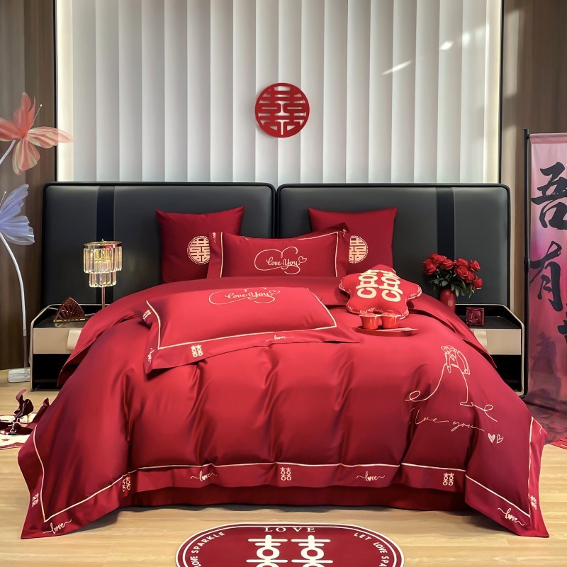 简约新婚庆红色四件套全棉双面120s印花刺绣结婚被套纯棉床单礼物