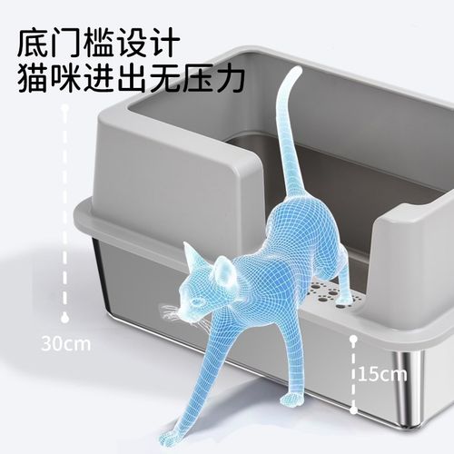 超大号猫砂盆不锈钢侧开式猫厕所防外溅不粘底开放式猫屎盆缅因猫