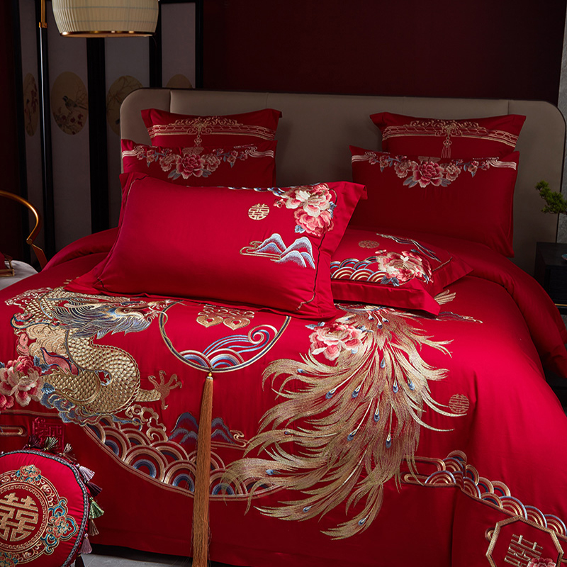 高档婚庆140支全棉四件套龙凤刺绣纯棉被套结婚红色床单喜字床品4