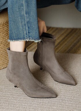 灰色细跟尖头小跟3cm短靴女秋冬高跟工作鞋加绒不累脚单靴瘦瘦靴