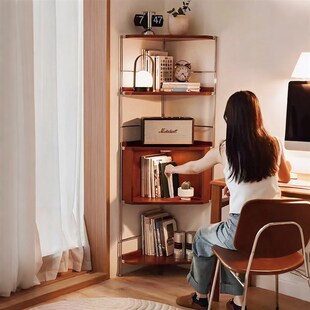 中古实木三角置物架转角书架不锈钢墙角展示柜客厅落地多层墙边柜