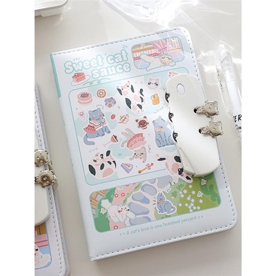 萌萌猫酱彩页密码锁笔记本子高颜值可爱手账本秘密记事日记手帐本