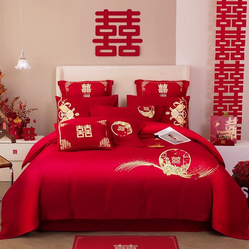 婚庆四件套120S长绒棉大红色磨毛被套结婚六件套床盖床上用品