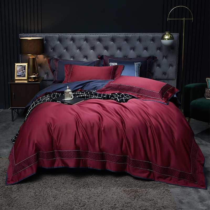 现货高档高档欧式四件套全棉100S长绒棉双股酒红被套床单纯棉婚庆