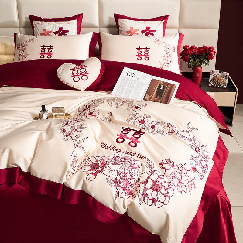 床上四件套红色婚庆100支长绒棉全棉印花喜庆新婚房嫁高级感床品4
