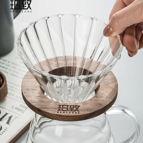 咖啡滤杯v型玻璃手冲滴漏式过滤器胡桃木卡座器具咖啡壶过滤器具
