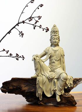 中式水月自在观音佛像菩萨禅意摆件客厅茶室办公室仿木树脂工艺品
