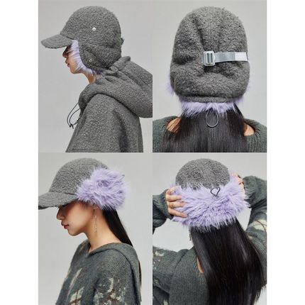 Simple Project 摇粒绒长毛撞色拼接可调节防寒护耳帽