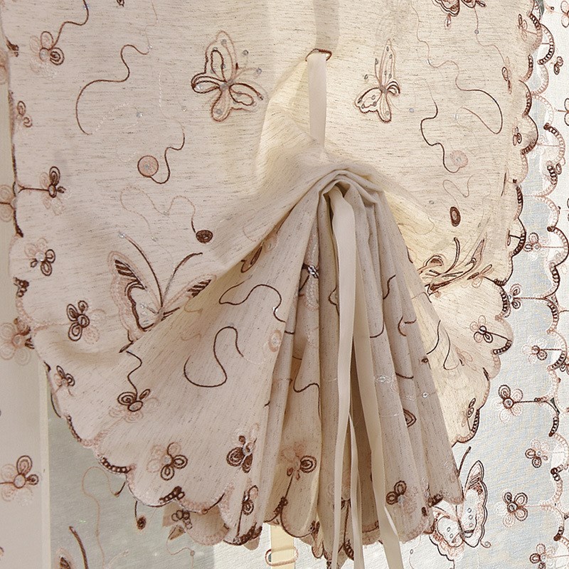 亚麻卷帘魔术贴绣花窗帘飘窗租房免打孔隔断窗装饰提拉帘纱帘成品