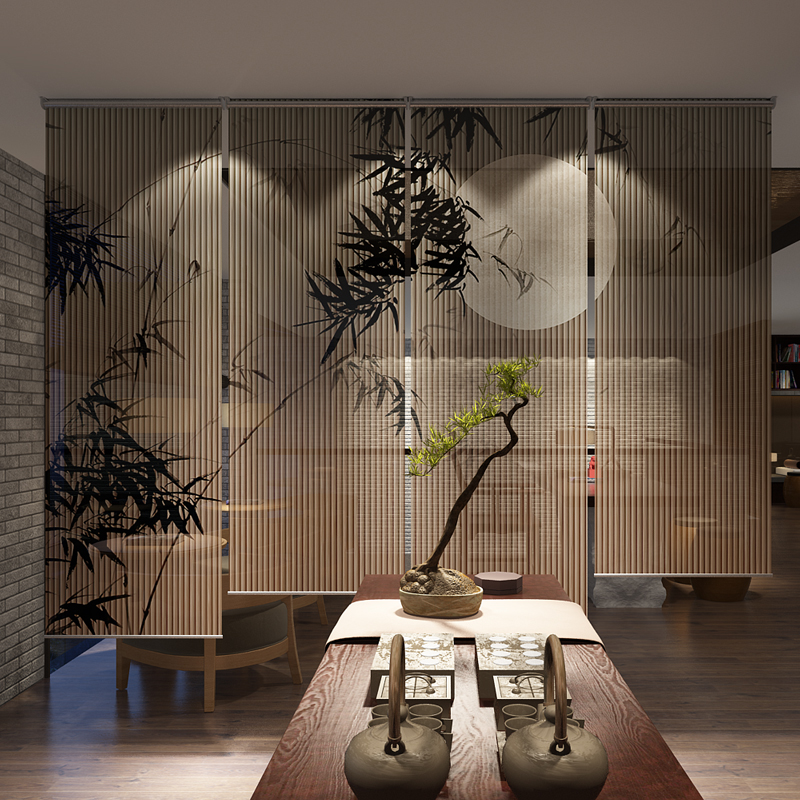 新中式拉卷式客厅办公室隔断帘电动升降卷帘窗帘遮阳布帘门帘定制