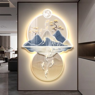 灯画有靠山九鱼图聚财玄关装 挂画 饰画入户进门正对墙壁灯2024新款