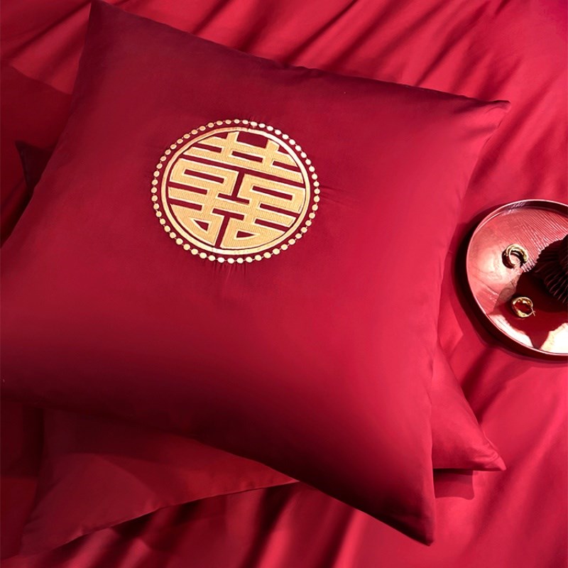 公主风结婚喜庆纯棉床品四件套抱枕含芯十件装婚庆新房布置红床单