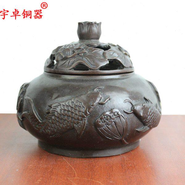 宇卓铜器纯铜香炉黄铜香炉鱼莲花香炉熏香炉铜香炉工艺品摆件